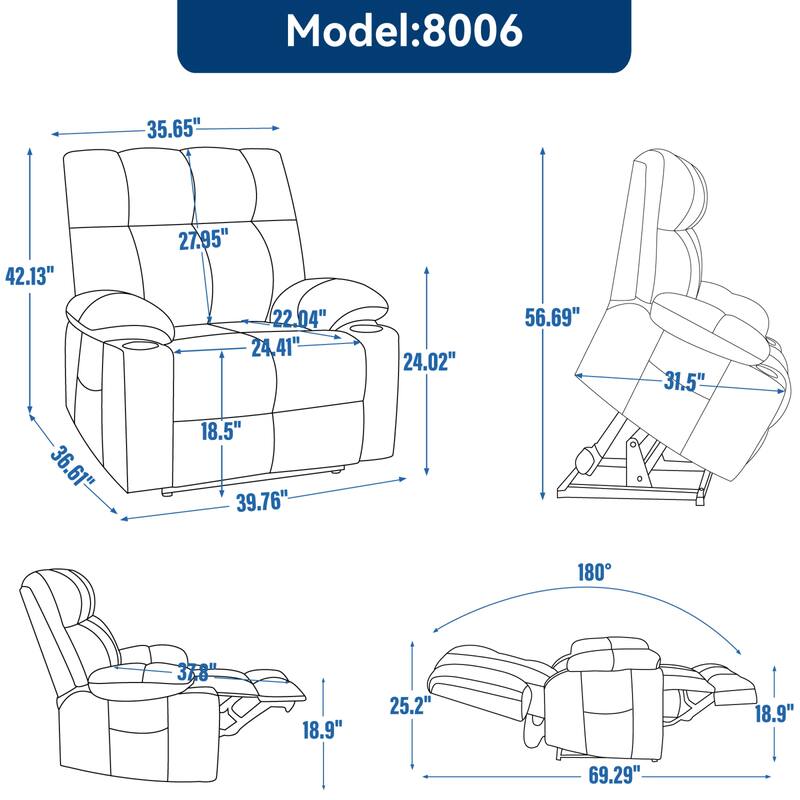 Roomfitters Dual Motor Power Lift Recliner Chair with Heat Massage Oversized Infinite Position Sofa with Cup Holders