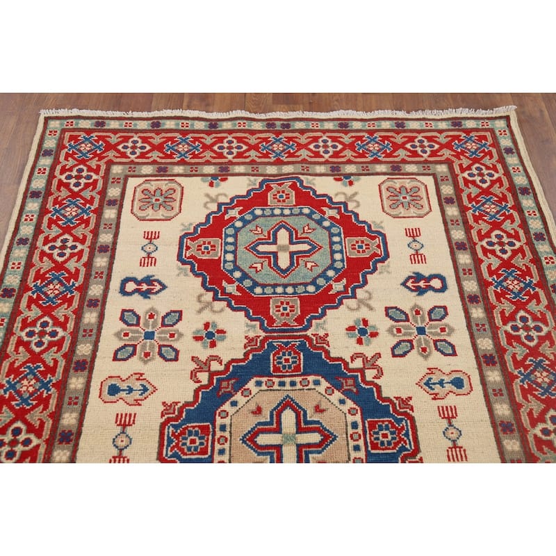 Ivory Geometric Kazak Foyer Rug Handmade Traditional Wool Carpet - 4'1" x 6'0"