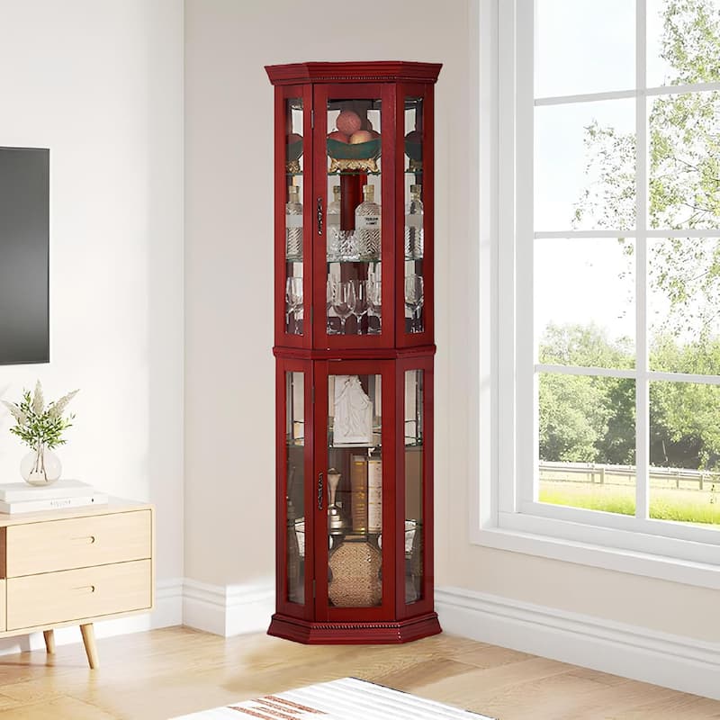 Roomfitters Wooden Corner Display Curio Cabinet, Lighted China Cabinet with Tempered Glass Door