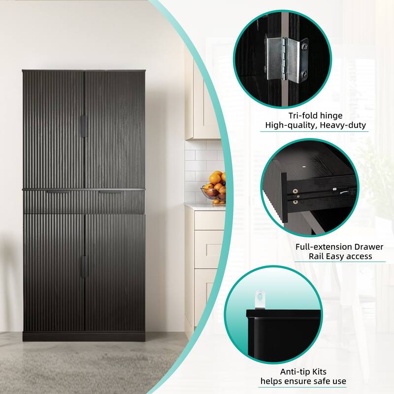 Kitchen Pantry Cabinet with 3 Keyboard Drawers, Freestanding Bathroom Cabinet with 6 Door Shelves Adjustable