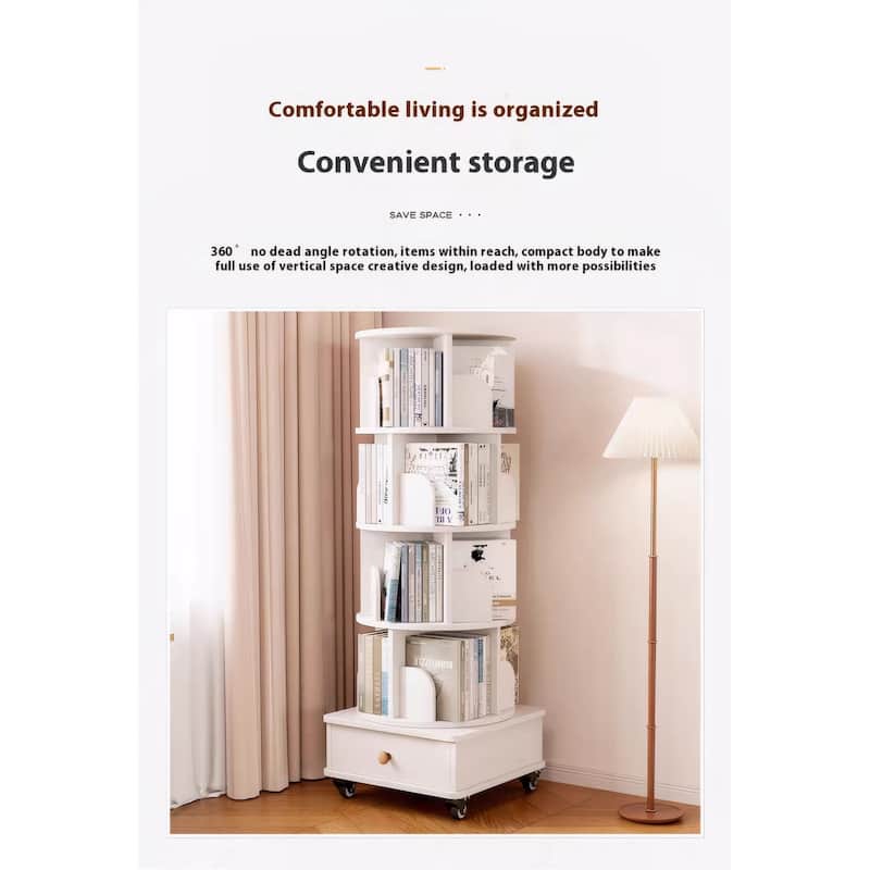 Rotating Bookshelf with Drawer,360 Display 5 Tier Bookshelf,Floor Standing Bookcase Storage Rack,Narrow Book Shelf Organizer