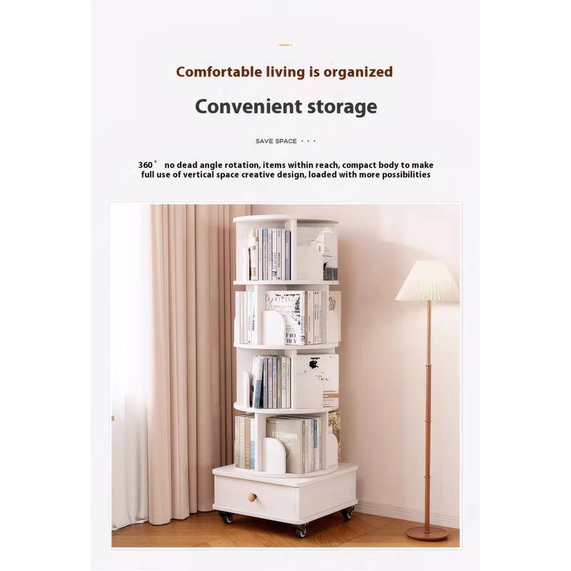 Rotating Wooden Bookcase with Drawer, 5-Tier Space-Saving Floor Shelf Organizer for Bedroom & Small Rooms