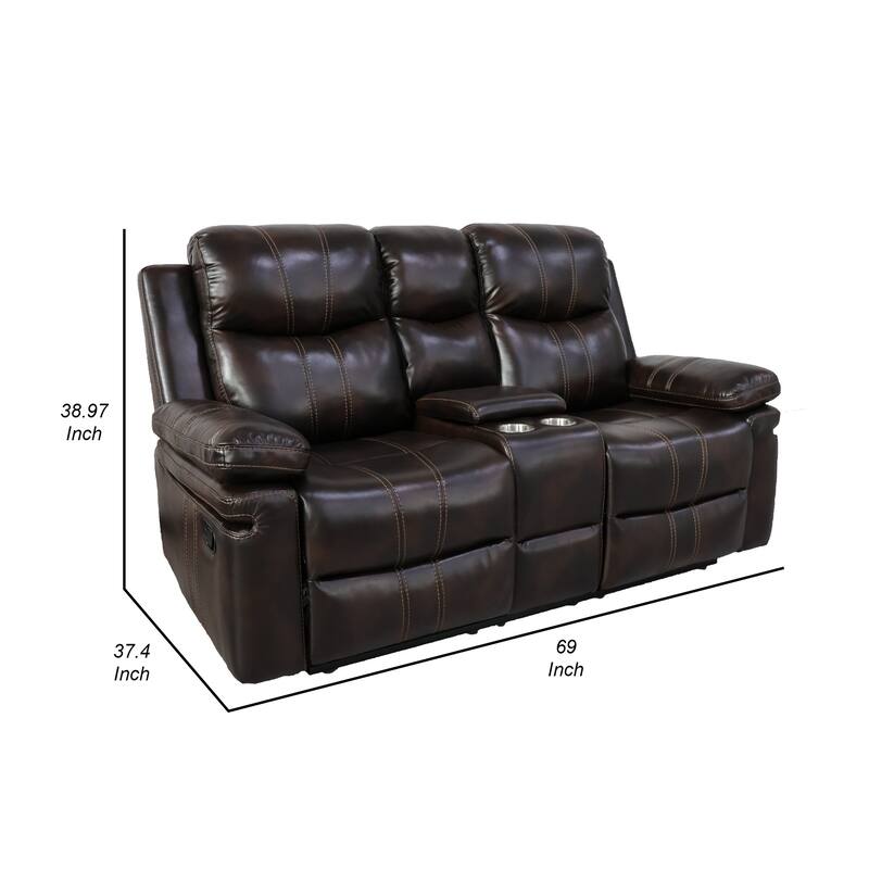 Linden 69 Inch Loveseat with Dual Recliners, Console, Brown Faux Leather
