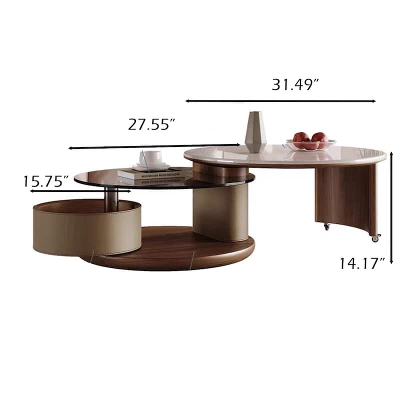 31.5" Modern Multifunctional Rotating Coffee Table, Faux Marble Glossy Table top, Saddle Leather Swivel Drawer