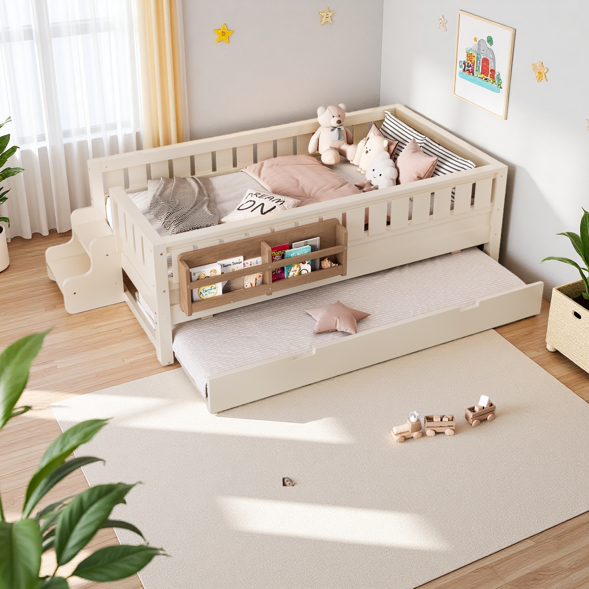 Twin Size Pine Wood Kids Bed with Built-in Bookshelves, Small Staircase, High-Quality Safety Rails, and Trundle, Child-Friendly