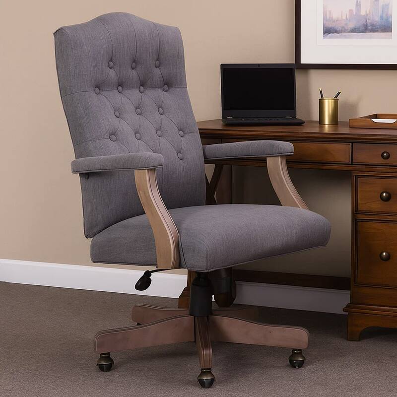 Jake Executive Armchair with Driftwood Finish, Gray Button Tufted Linen