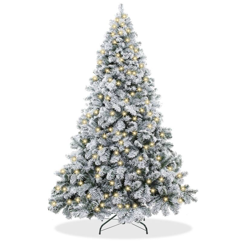75ft PreLit SnowFlocked Pine Artificial Holiday Christmas Tree w Stand - 7.5 ft Pre-lit - Green - 7.5 Foot