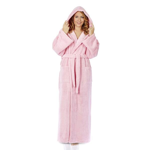 Women's Hooded Premium Fleece Full Length Bathrobe Soft Plush Robe On