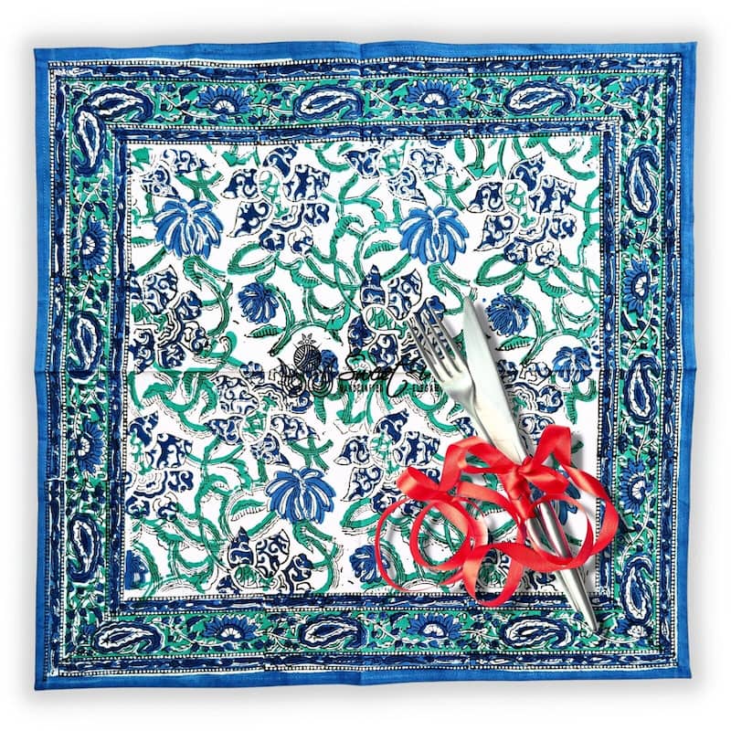 Block Print Cotton Verdant Floral Paisley Tablecloth Collection