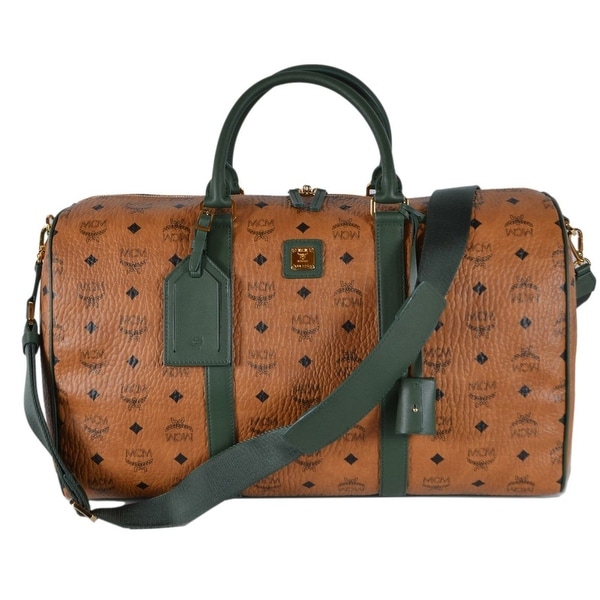 Shop MCM Cognac Green Visetos Logo Medium Travel Weekender Duffel Bag - Beige/Brown - Free ...