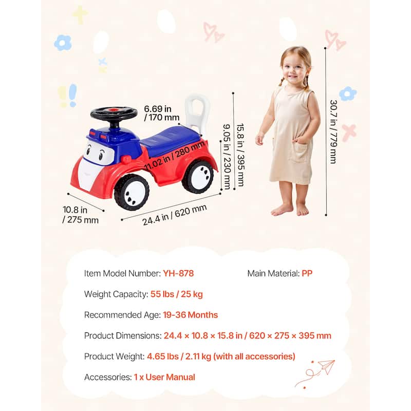 Toddler Ride On Push Car for Ages 19-36 Months, Red Foot-to-Floor Walker with Music & Storage