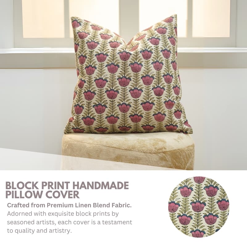Fabdivine 24x24 Inch Handmade Floral Pillowcase for Couch, Bed, Chair or Gift Pink Soft Linen Throw Décor Cushion Cover, Lotus