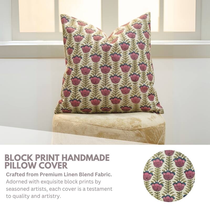 Fabdivine 26x26 Inch Handmade Floral Pillowcase for Couch, Bed, Chair or Gift Pink Soft Linen Throw Décor Cushion Cover, Lotus