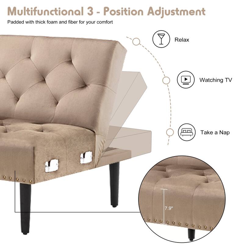 Convertible Velvet Sofa Couch, Sectional Sofa with Ottoman, Mid-Century Futon Sofa Bed - 32"D x 100.7"W x 29.9"H