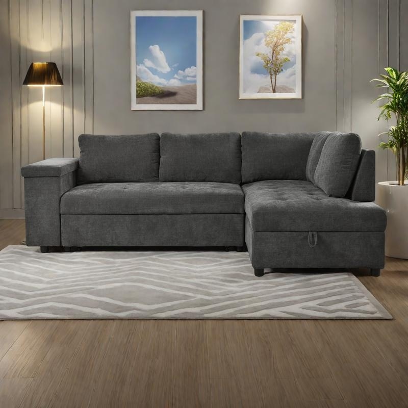 91.5" Polyester L-Shaped Sectional Sofa with Pull-Out Bed, Hidden Storage and Wide Storage Armrests
