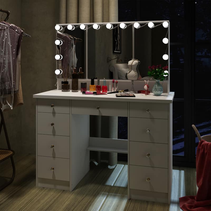 3-Mirror Vanity Table Stylish 9-Drawer Makeup Organizer Dressing Desk
