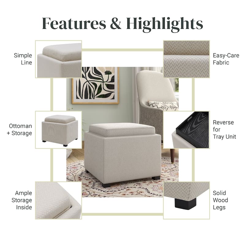 NPD Furniture Cameron Square Fabric Storage Ottoman with Tray