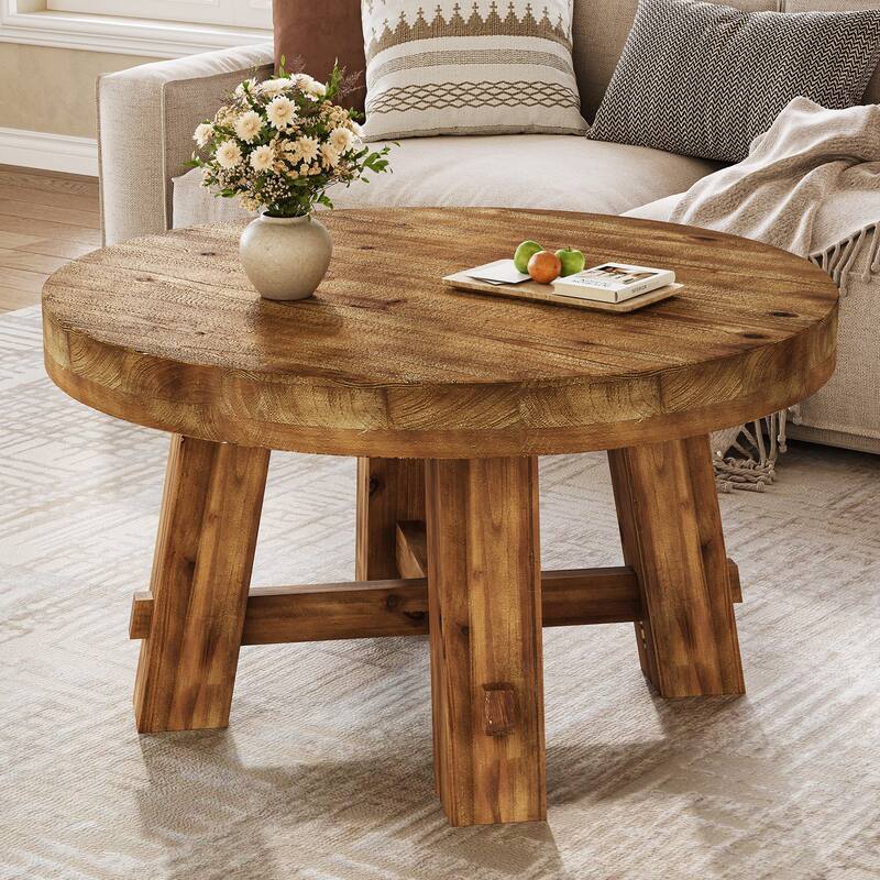 31.5-Inch Round Coffee Table, Solid Wood Center Table - Brown