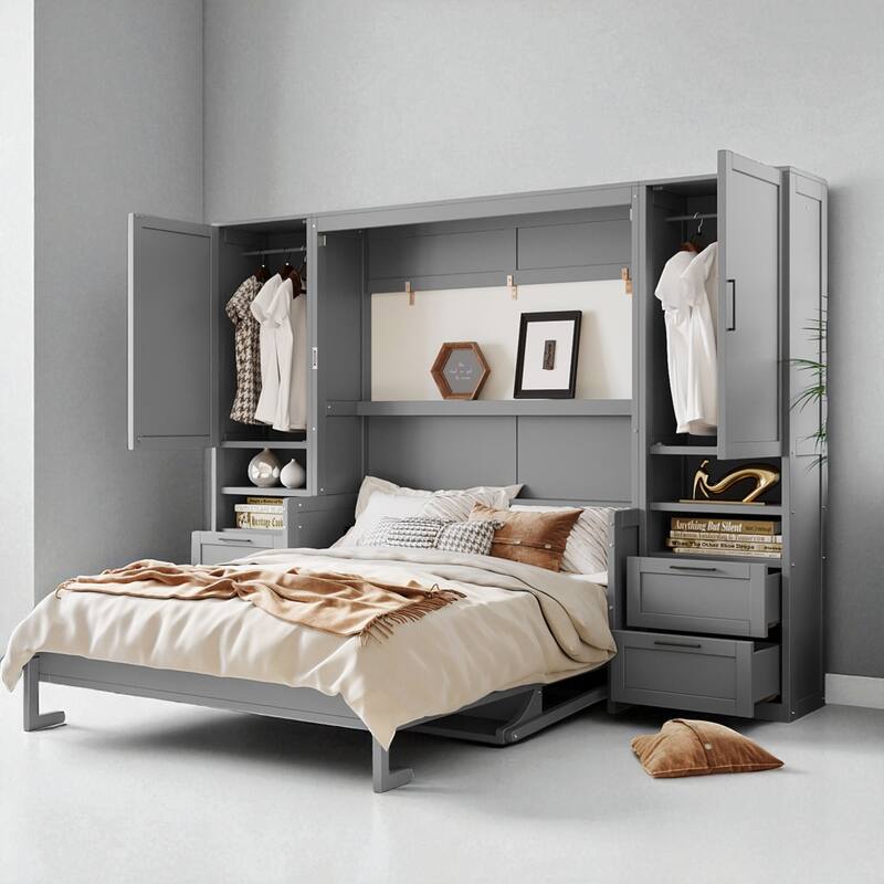 Queen Size Murphy Wall Bed with Closet, Storage Drawers and Shelves, Foldable Cabinet Bed Frame