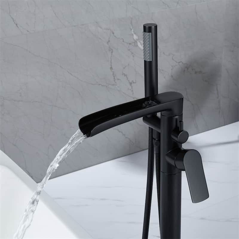 Waterfall Tub Filler Freestanding Bathtub Faucet Black Floor Mount Single Handle Modern Bathroom Tub Faucets With Hand Shower