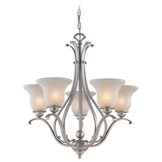 VAXCEL Monrovia 5-Light 26 in. Wide Chandelier with White Glass Shade, Adjustable Height Hanging Ceiling Fixture