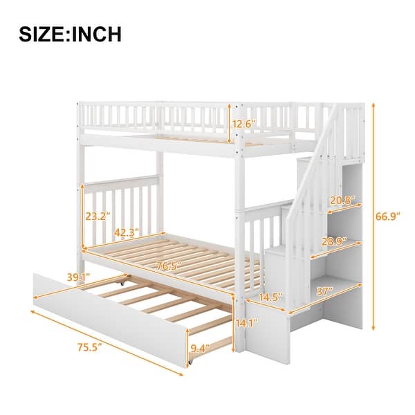 dimension image slide 0 of 2, Staircase Twin Size Bunk Bed with Trundle, 3 in 1 Triple Bunkbeds Frame w/Storage Stairs & Safety Rails, Twin Over Twin Size