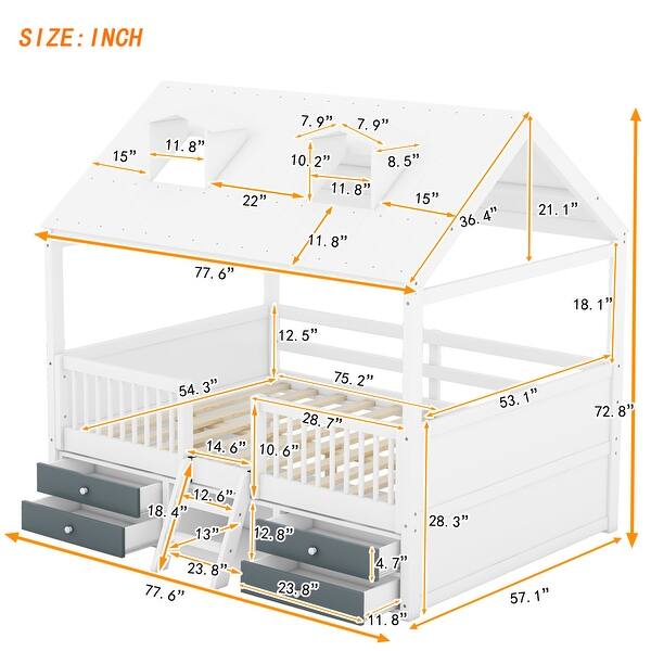 dimension image slide 0 of 4, Modern Wood Bed House Bed Frame, Built-in Four Little Drawers and Additional Shelves