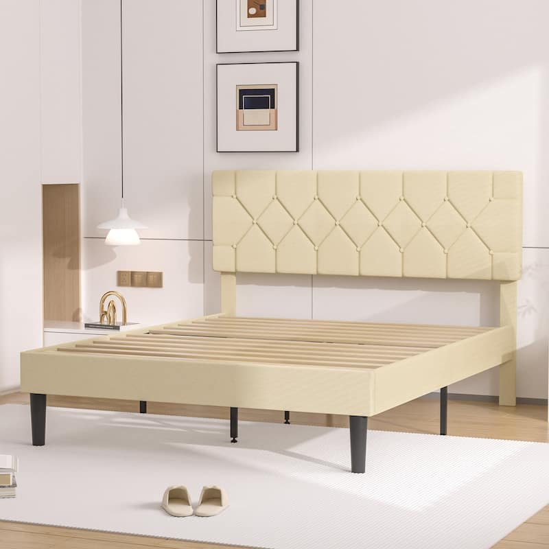 Beige Diamond Button Tufted Upholstered Bed with Linen Headboard No Box Spring Needed 7.87" Underbed Storage Center Support Leg