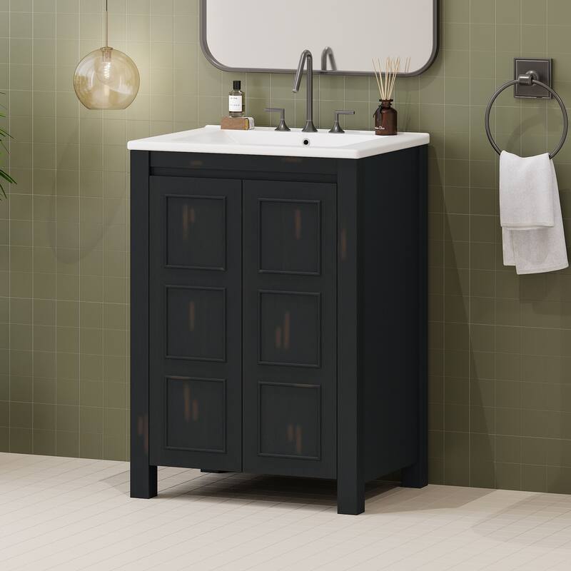 24-Inch Vintage-Inspired Bathroom Vanity with Ceramic Basin, Two Soft-Close Doors, and Adjustable Shelf‌ - 24" - Espresso