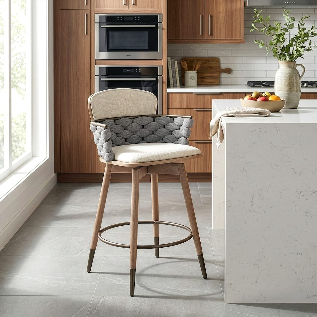 Bechor Beige and Gray Woven Fabric Counter Stool with Natural Wood Legs