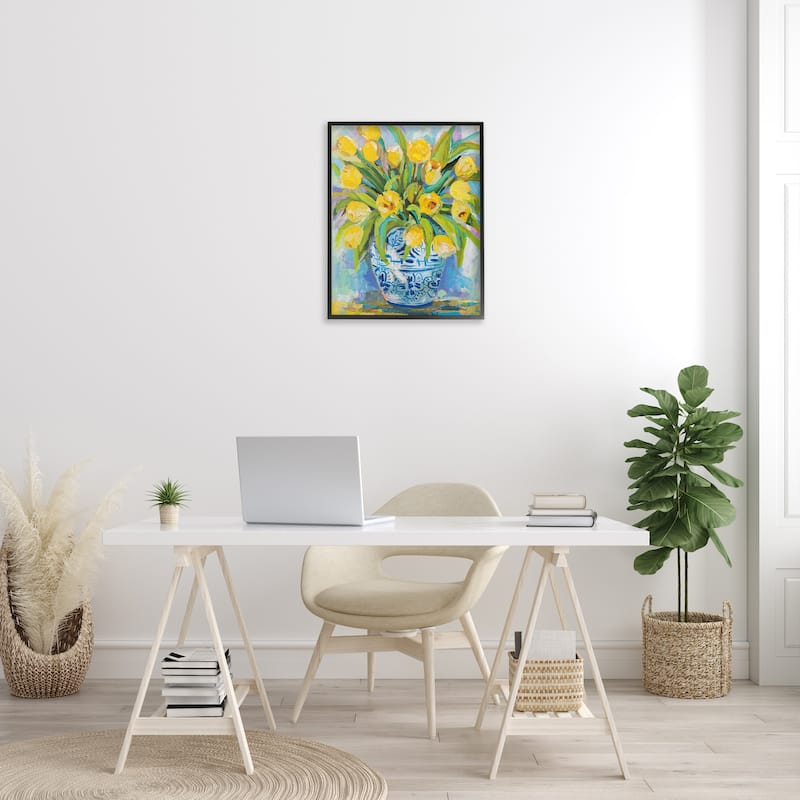 Stupell Expressive Yellow Tulips in Ornate Blue Vase Painting Framed Wall Art