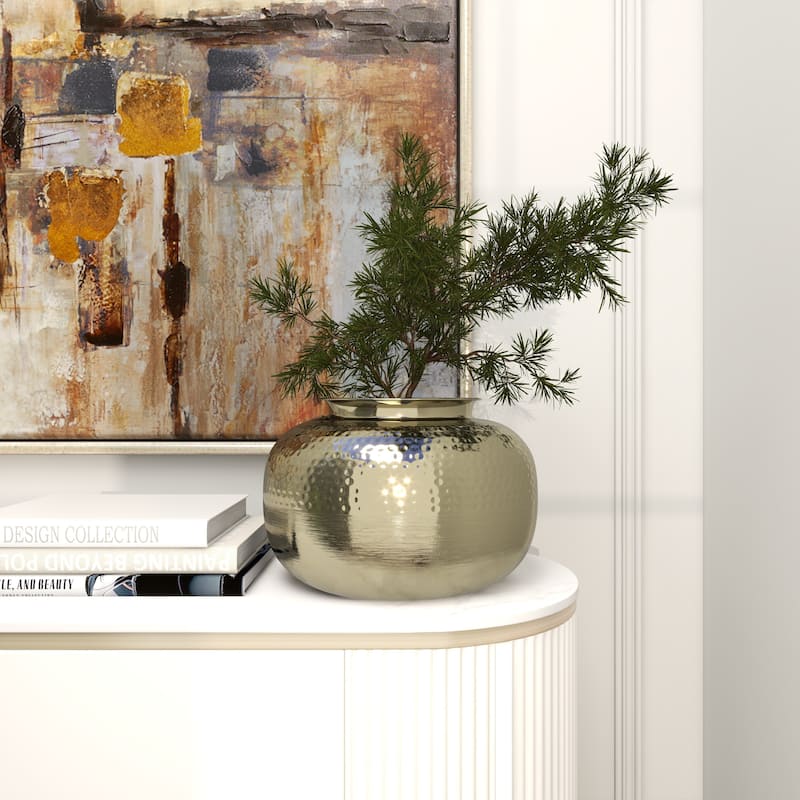 Aluminum Metal Brushed Vase with Hammered Top - Gold - Roche River Decor