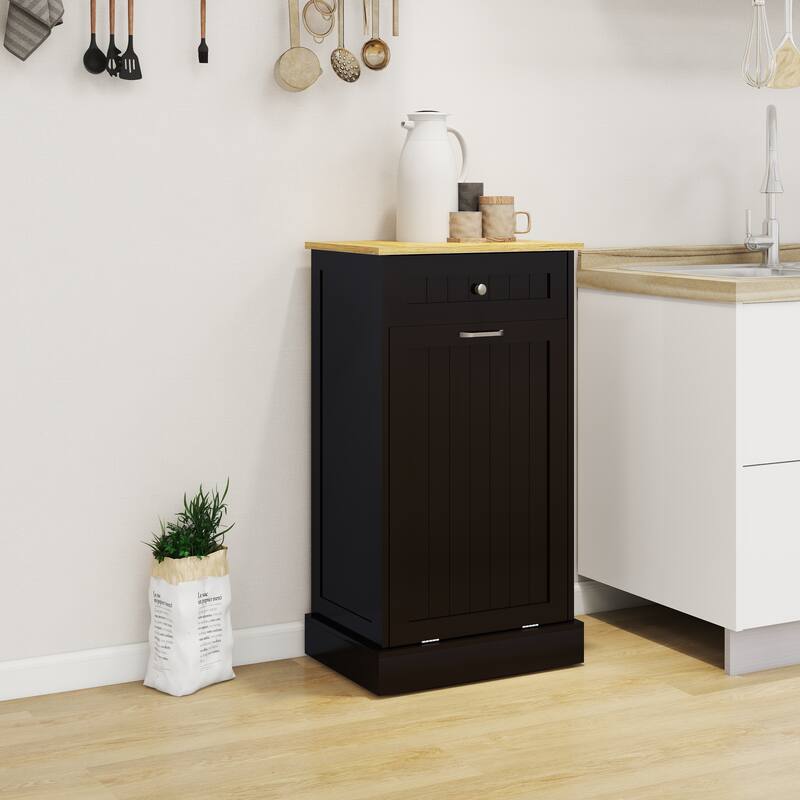 Anmytek 10-Gallon Woodgrain Tilt-Out Trash Can Cabinet with Wave-Textured Drawer for Kitchen,Bathroom - Black