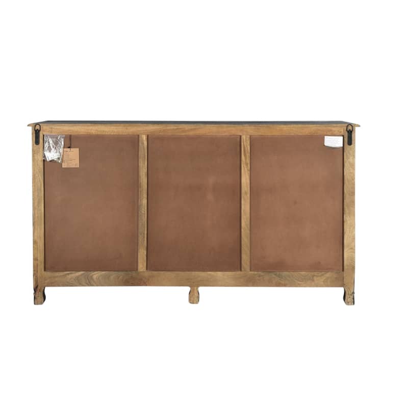 HomeRoots 66" Black Distressed Solid Wood Carved Floral Six Drawer Sideboard With Two Doors - 66.00 in. x 36.00 in. x 20.00 in.