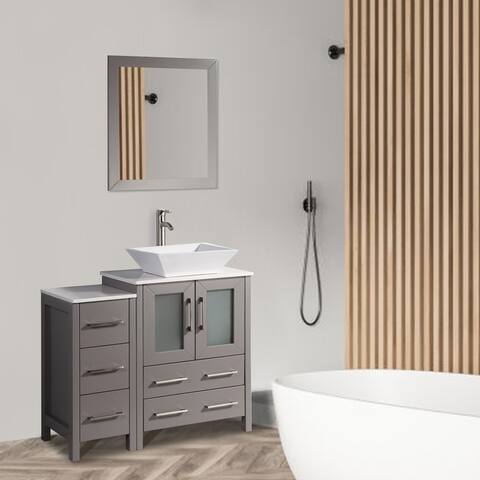 Vanity Art 36" Bathroom Vanity Combo Set Single Ceramic Vessel Sink Solid Wood Storage Cabinet with Quartz Top & Free Mirror
