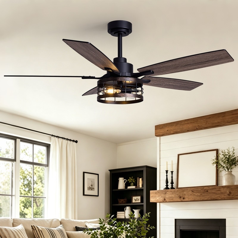 52-Inch 5-Blade Ceiling Fan with Lights, Black and Brass DC Motor Fan with Remote Wall Control and App for Bedroom - 52 IN.