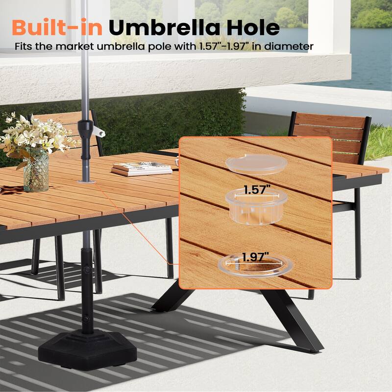 11PC Outdoor Patio Aluminum Dining X Frame Table and Rattan Chairs Set with Umbrella Hole