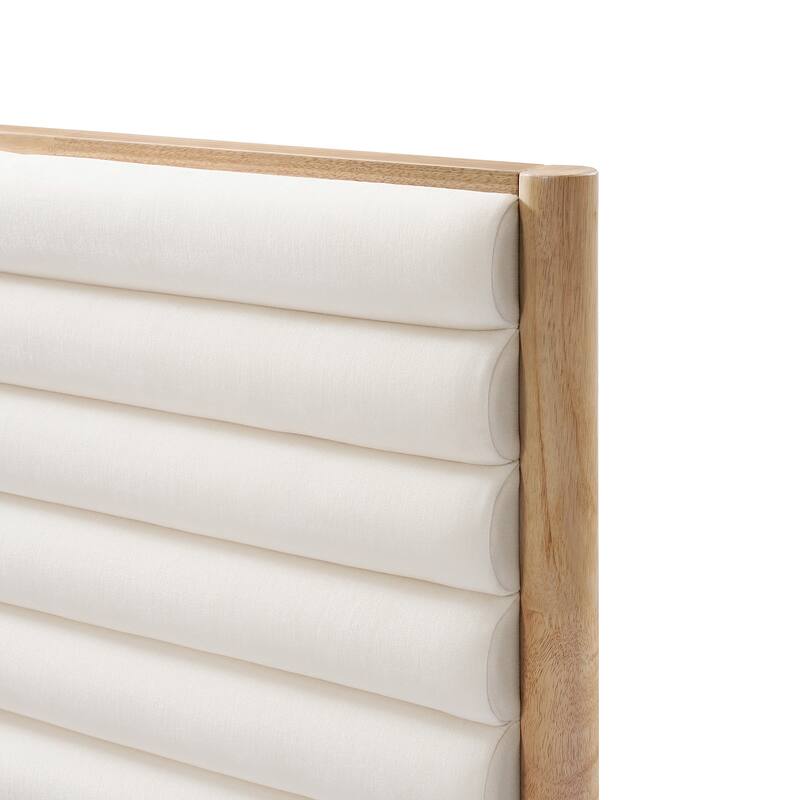 Wood Bed Frame with Upholstered Headboard Queen Size Platform with Slat Support Mattress Foundation No Box Spring Needed,Ivory