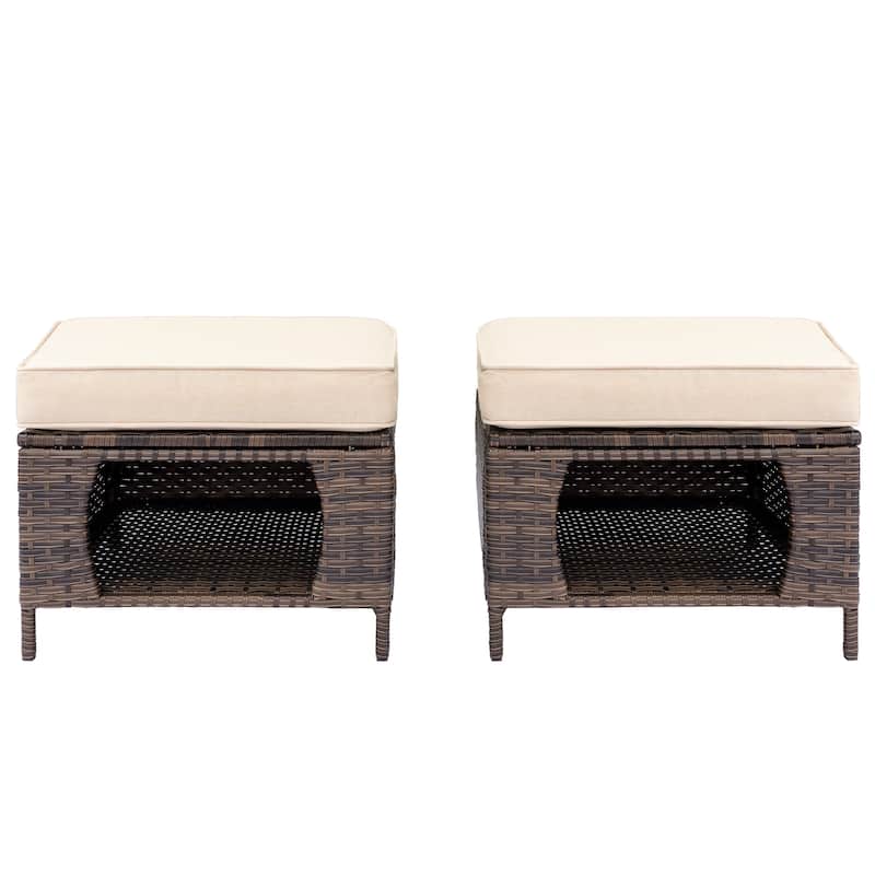 2 Pieces Outdoor Patio Furniture Rattan Storage Ottoman with Cushion
