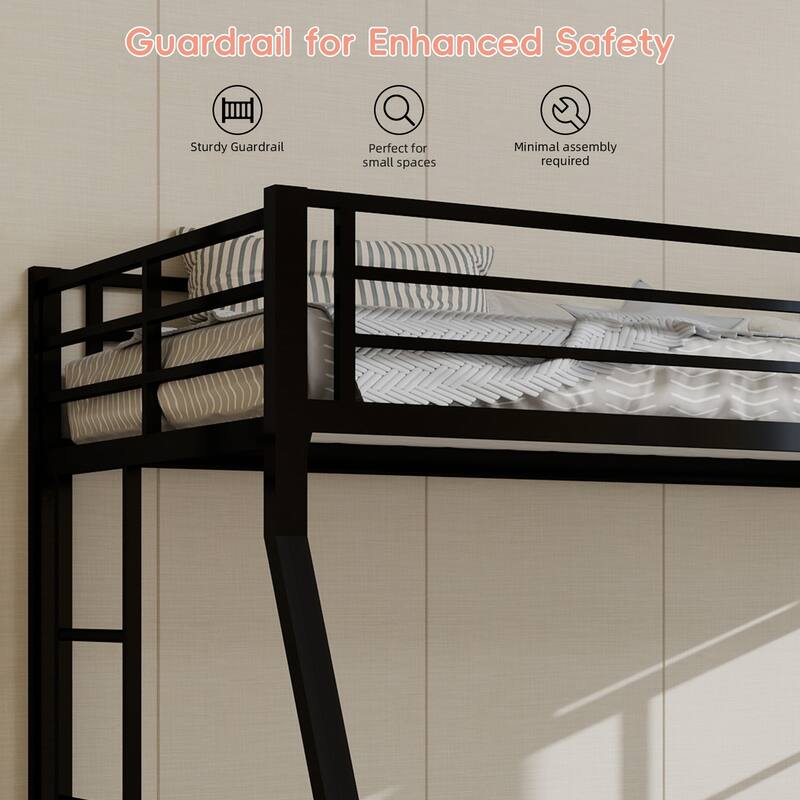 Full Size Minimalist Bunk Bed with Ladder & Rolling Trundle, High-Stability Square Tube Frame, 137cm x 190cm, Black