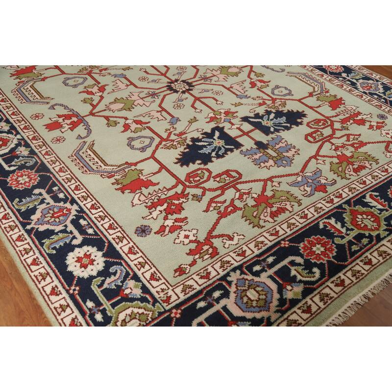 Hand Knotted Oriental 100% Wool Carpet Traditional Geometric Green Heriz (serapi) Area Rug - 9' 9'' X 7' 11''