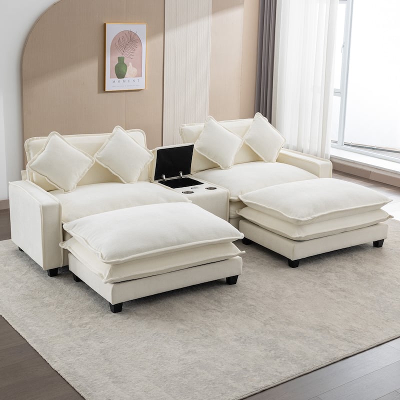 111" Beige Chenille Sectional Sofa with 2 Ottomans, 2 USB Ports, 2 Cup Holders & Storage