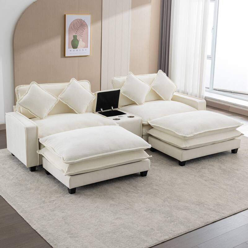 111" Chenille Sectional Sofa Set with USB Ports & Cup Holders, Oversized Chaise Lounge Modular Loveseat with 2 Ottomans
