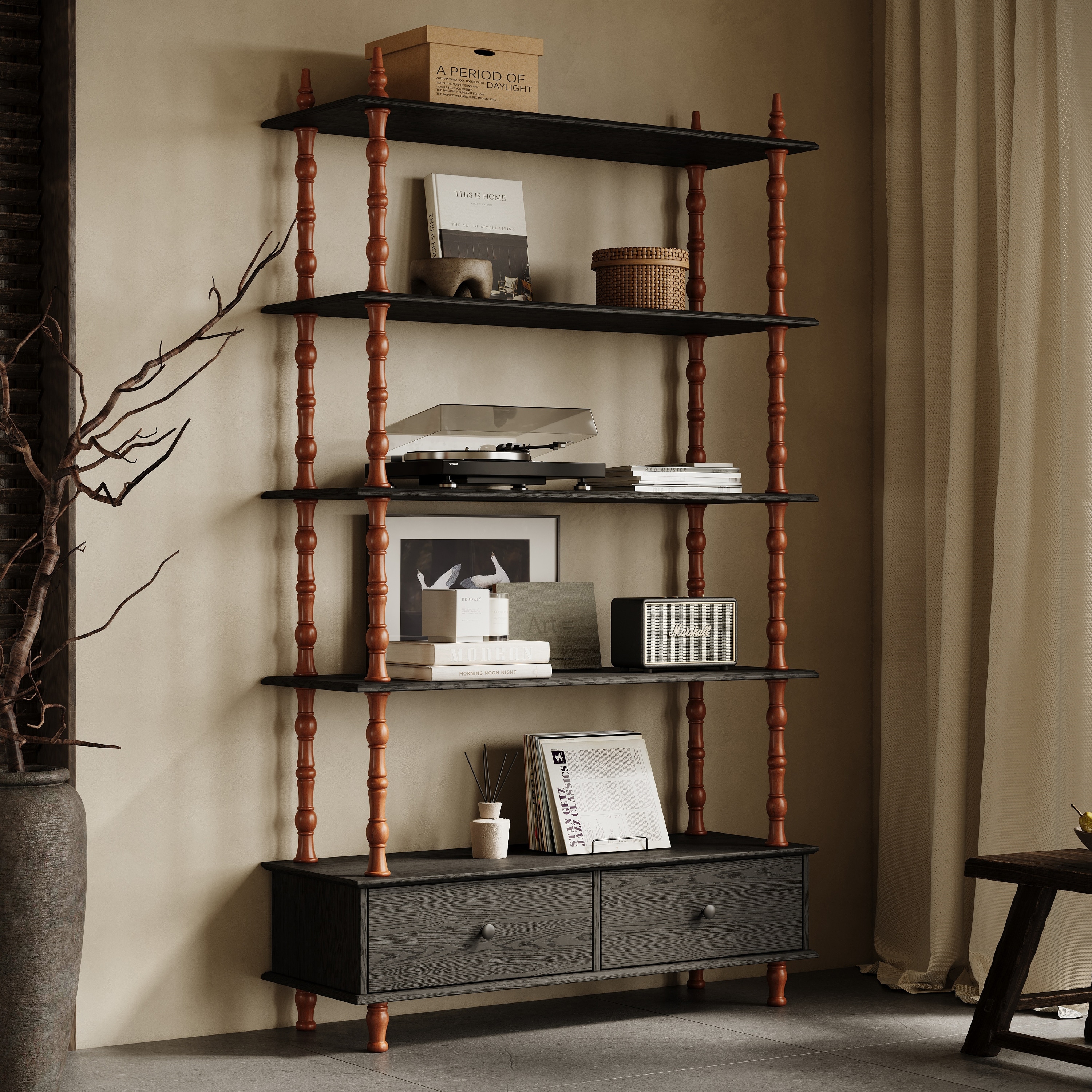 Harlow Bookcase MDF and Pine Wood with Storage Drawers, 5-Tier Open Shelving and Solid Wood Accents by GDFStudio