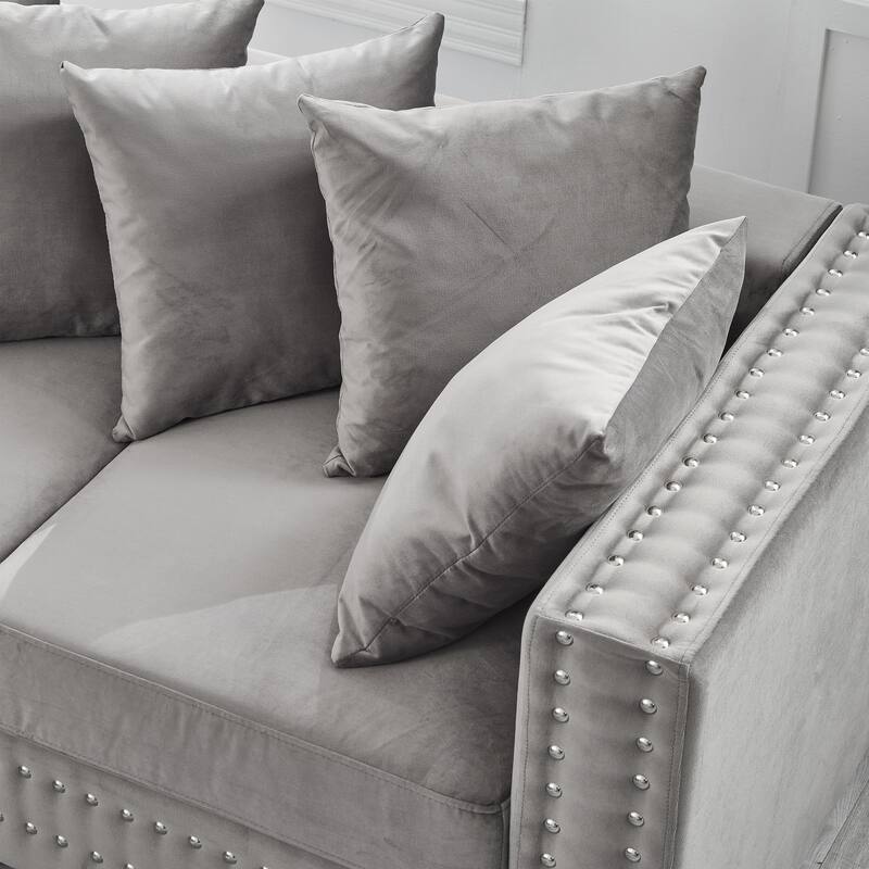 Velvet Loveseat Sofa with Storage, Comfy Upholstered Deep Seat Sofa, 2-Seater Sofa with Nailhead Trim & 6 Throw Pillows