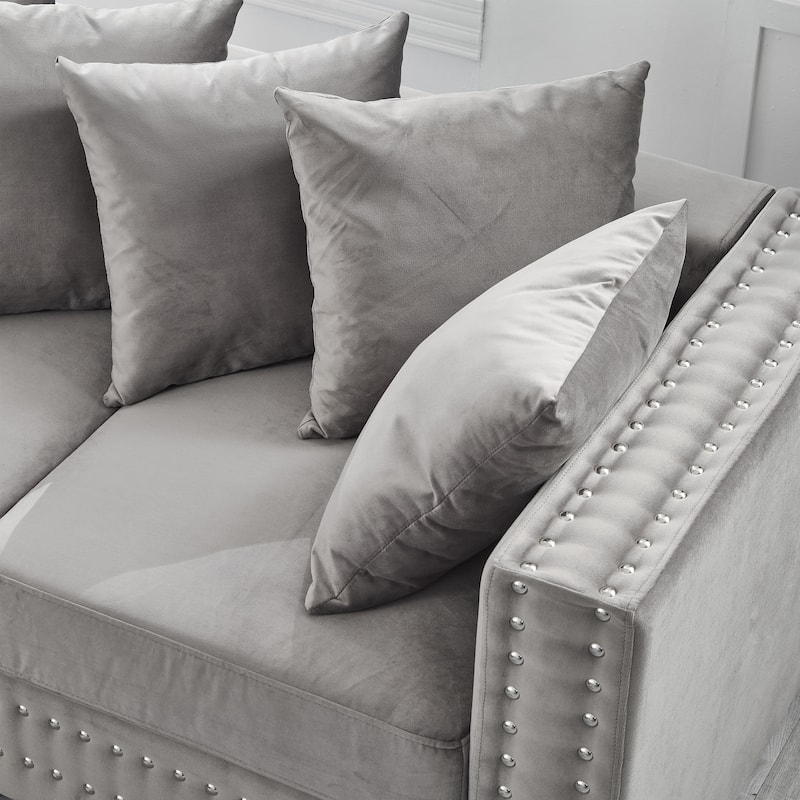 Velvet Upholstered Storage Sofa Set with Loveseat Sofa and 3 Seater Couch, Square Armrests with Silver Nails Decoration