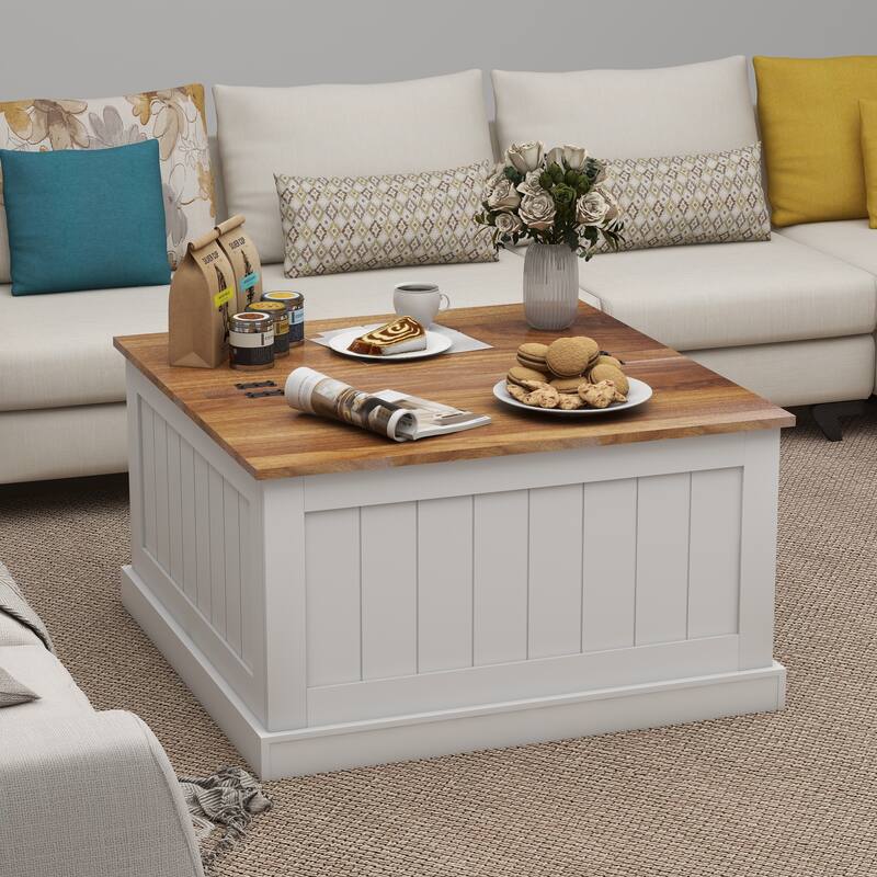 Anmytek Farmhouse Coastal Lift Top Coffee Table Rustic Wood White Storage Organizer