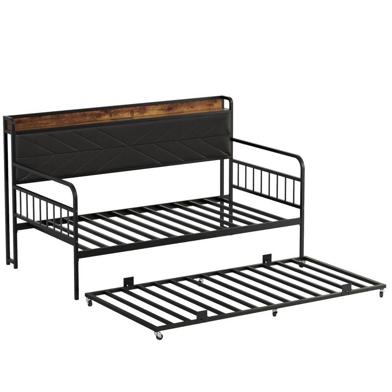 Javlergo Black Metal Daybed with USB Charging Pull-Out Trundle PU Leather Storage Headboard Space-Saving Sleeper Sofa Bed