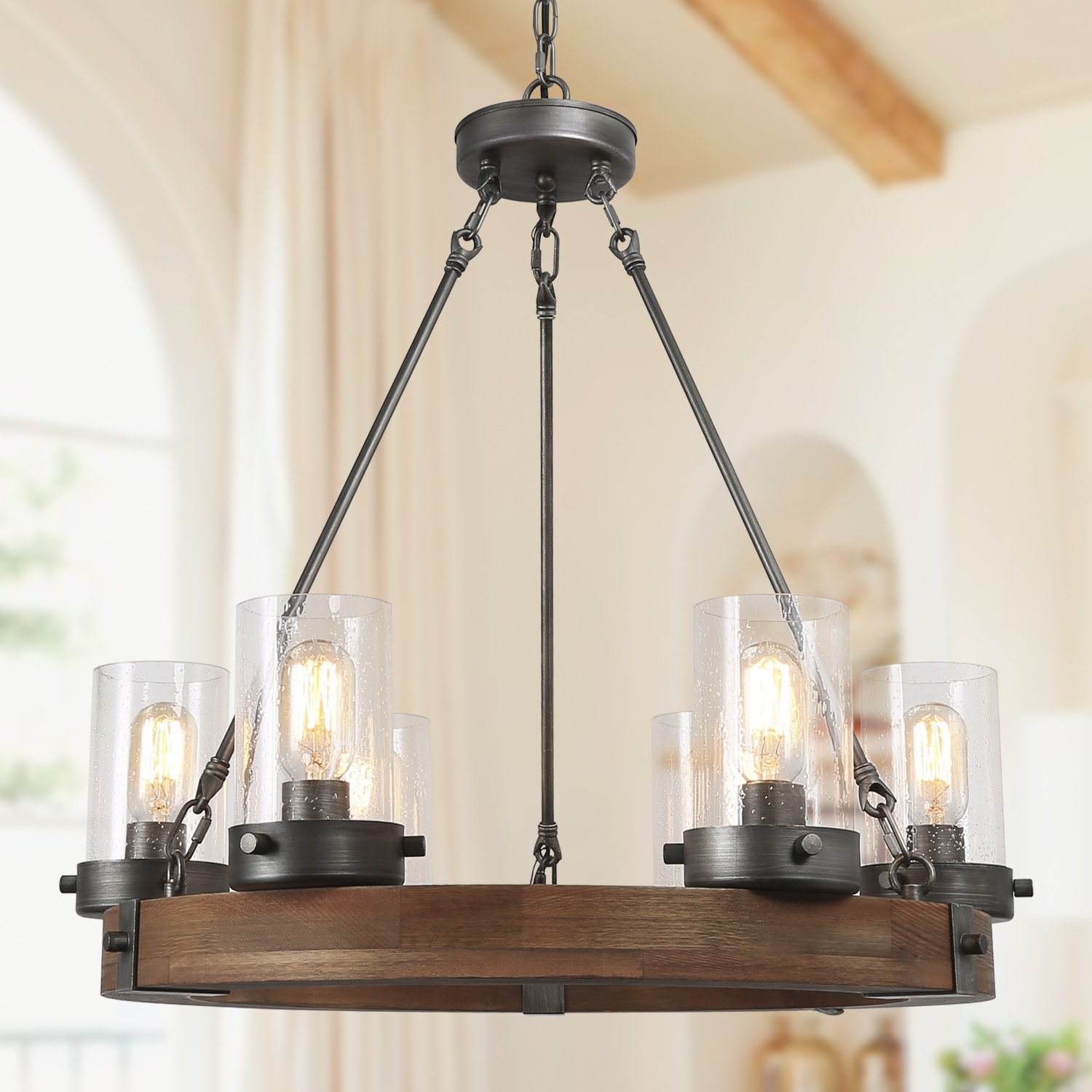 The Gray Barn 6-Light Farmhouse Wood Wagon Wheel Chandelier - D24.8"x H 27.2"