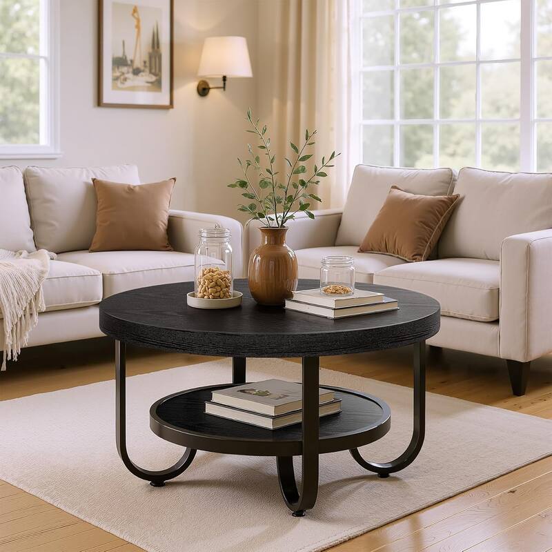 31.1" Brown MDF Industrial Coffee Table, 2-Tier Round Cocktail Tea Table with Metal Legs for Living Room, Receptionist Room - Black